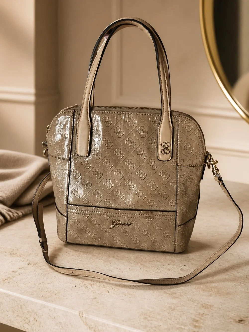 GUESS Reiko Small Dome Satchel Crossbody Bag - Taupe / Tan Monogram